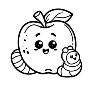 Coloring page of a cheerful apple with a friendly worm peeking out, perfect for kids. coloring page