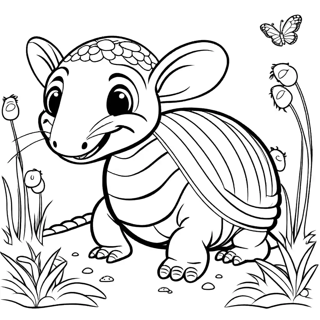 Adorable baby Armadillo playing with a friendly butterfly, ideal for coloring fun coloring page