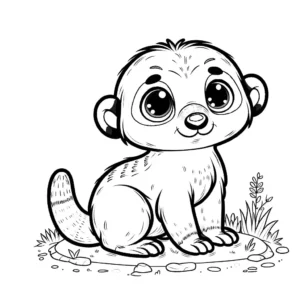 Adorable baby meerkat coloring page with grass and rocks background coloring page