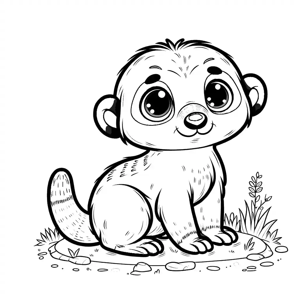 Adorable baby meerkat coloring page with grass and rocks background coloring page