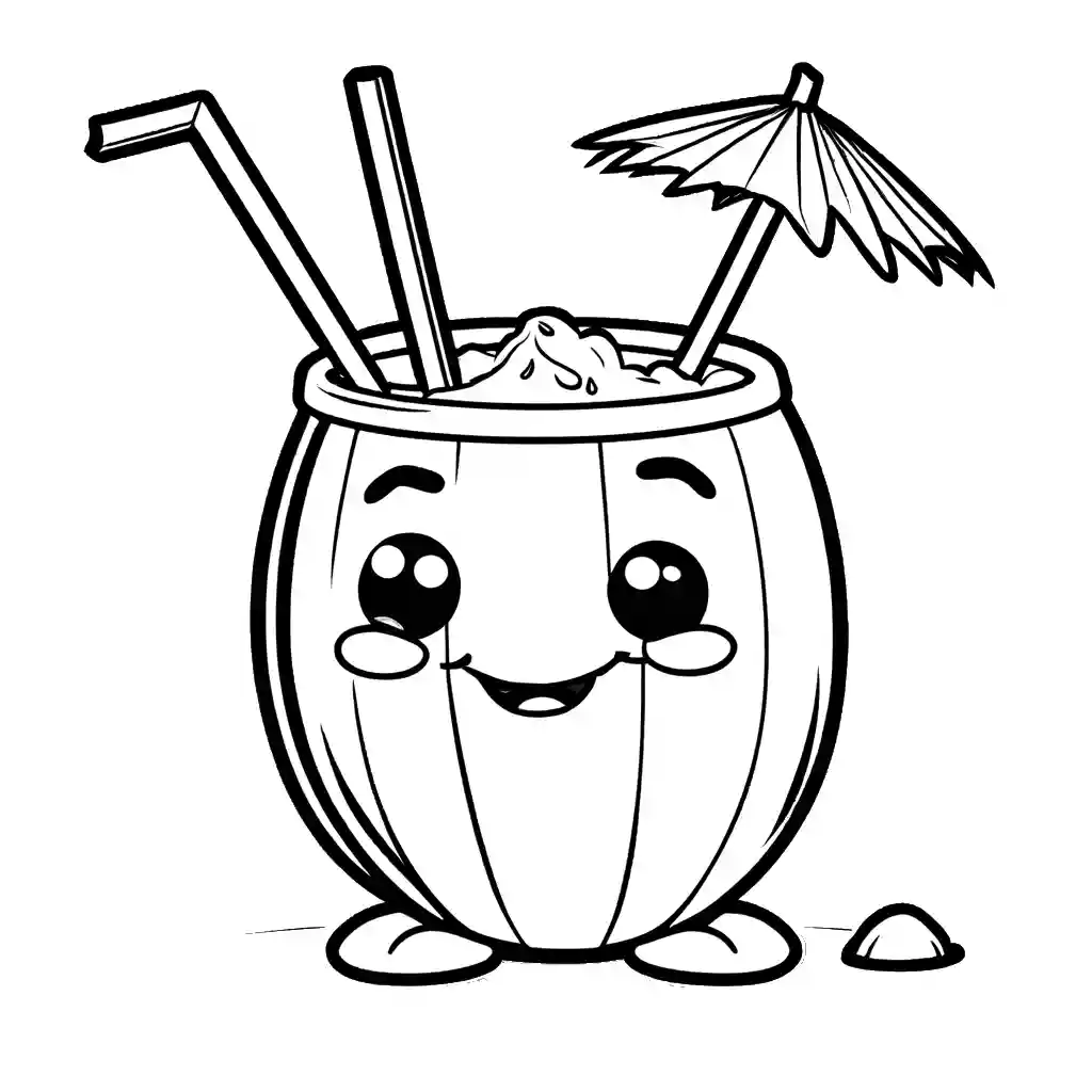 Adorable cartoon coconut with straw and coconut water coloring page
