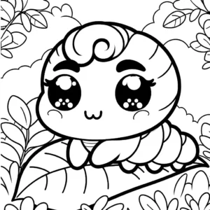 Caterpillar sitting on a green leaf in a garden coloring page