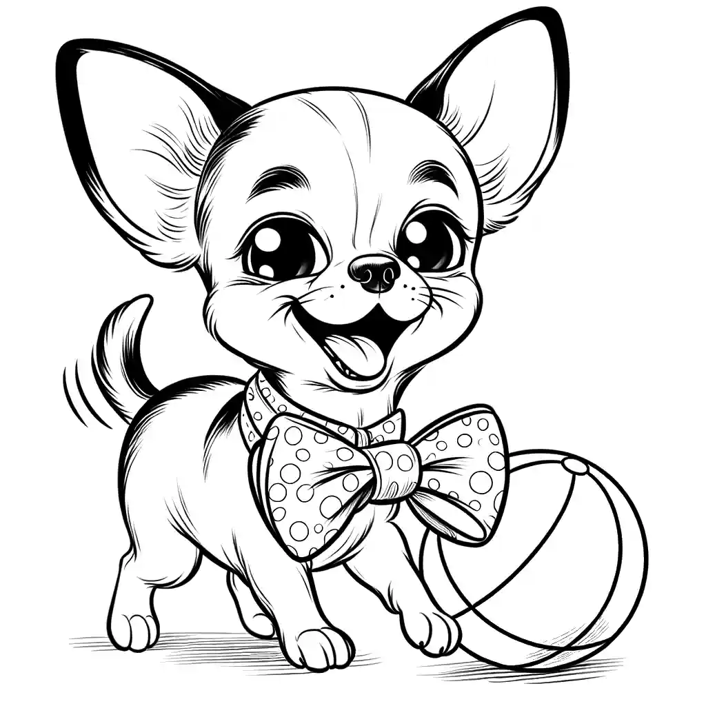 Chihuahua wearing bowtie and playing with ball coloring page