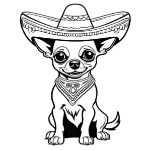 Adorable chihuahua wearing a sombrero and playing with a ball in a coloring page