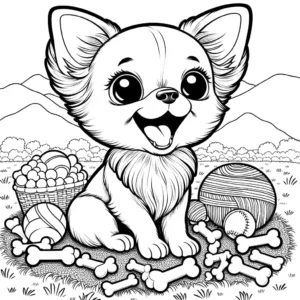 Cute funny chihuahua coloring page with a happy dog surrounded by bones and toys coloring page
