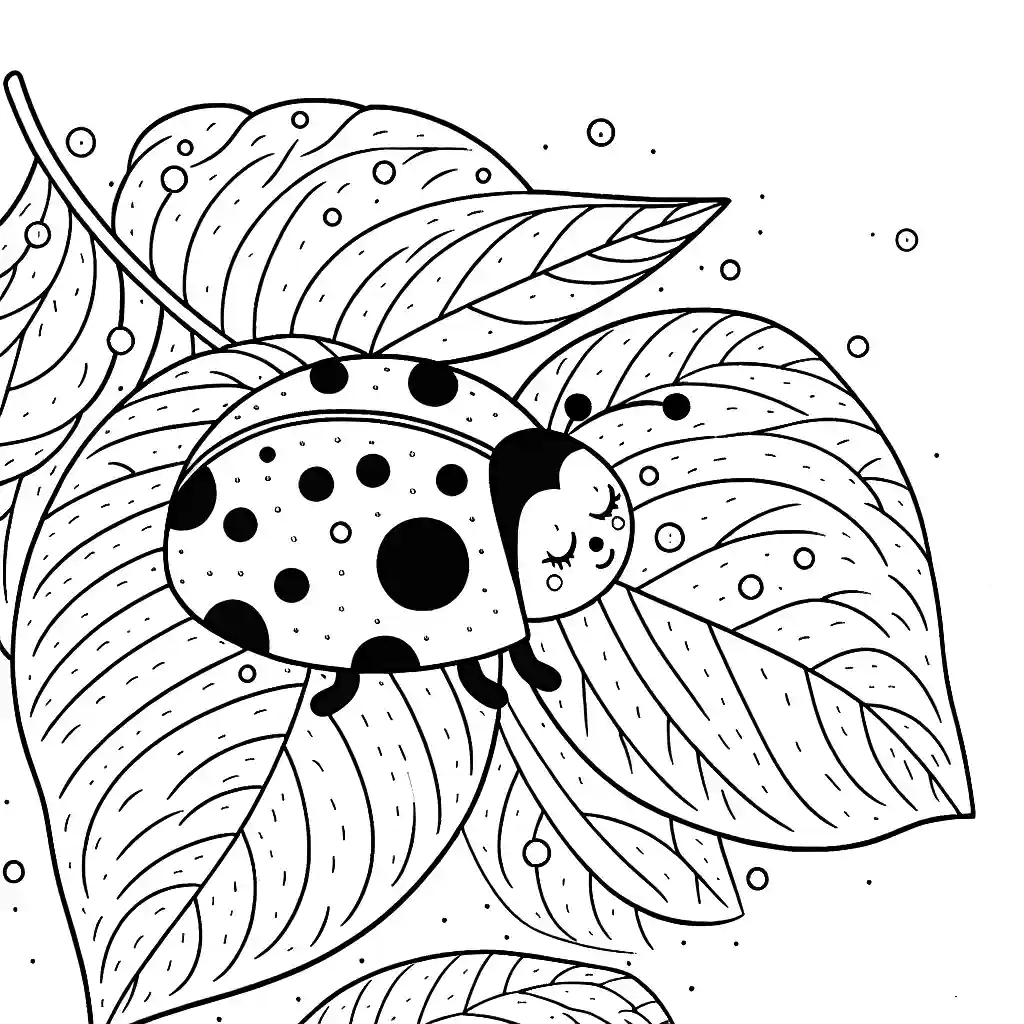 Cute ladybug sitting on a green leaf in a coloring page