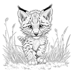 Lynx cub coloring page with fluffy fur and bright eyes playing in meadow coloring page