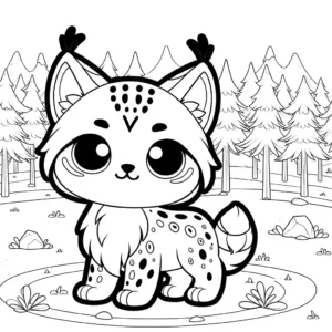 Cute Lynx standing in a forest clearing with trees in the background coloring page