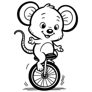 Smiling mouse riding unicycle coloring page