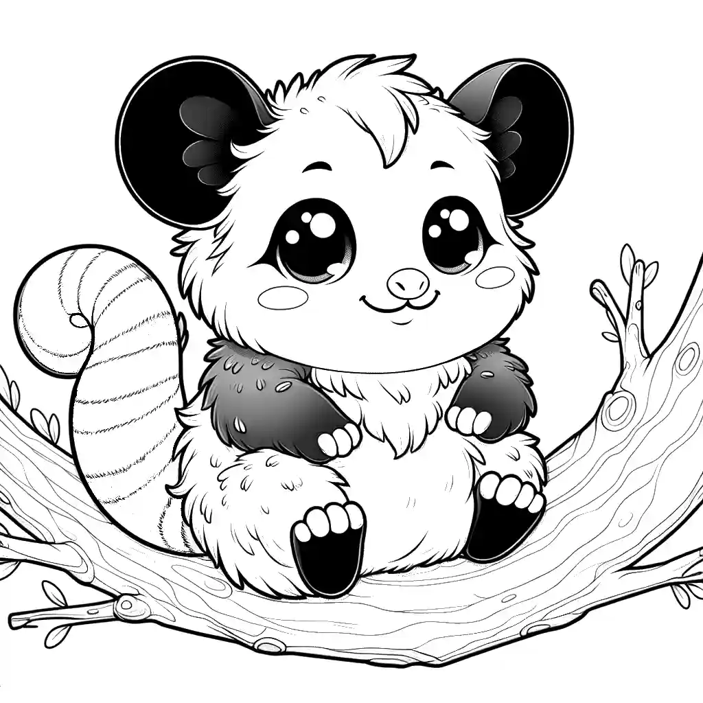 Happy Opossum sitting on a tree branch coloring page