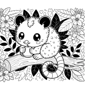 Adorable Opossum sitting on a branch surrounded by leaves and flowers, holding a small fruit in its paws coloring page