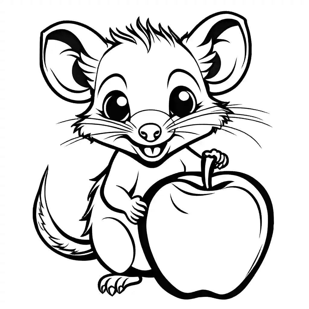 Smiling opossum holding a juicy apple coloring page