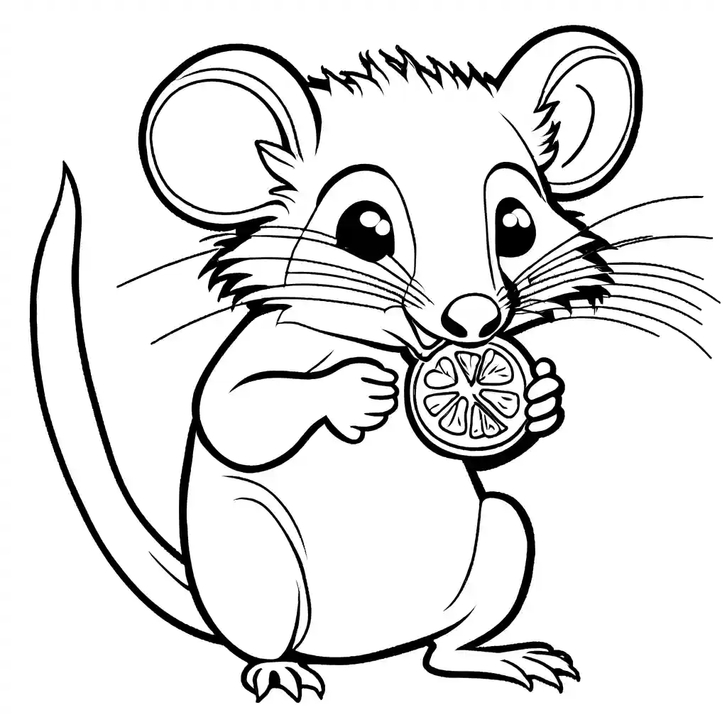 Adorable opossum holding a piece of fruit in its paws on coloring page