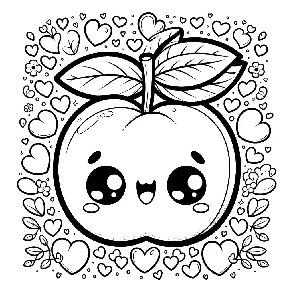Adorable Peach Coloring Sheet with Smiling Face and Leaf coloring page