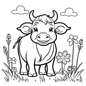 Adorable line drawing of a water buffalo with a playful expression in a meadow, suitable for children's coloring. coloring page