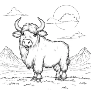 Line drawing of a cute Yak standing on a plain with mountains in the background, designed for kids to color. coloring page