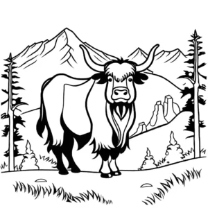 Coloring page of a cute yak standing on a hill with mountains and trees in the background coloring page