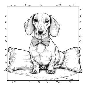Dachshund dog with bowtie sitting on a soft pillow coloring page