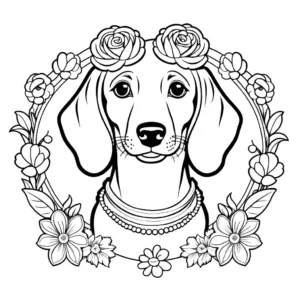 Portrait of a Dachshund dog adorned with a beautiful floral wreath coloring page