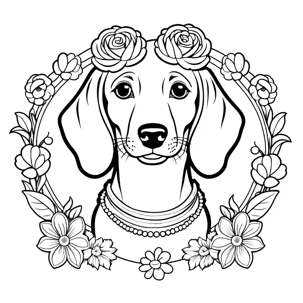 Portrait of a Dachshund dog adorned with a beautiful floral wreath coloring page