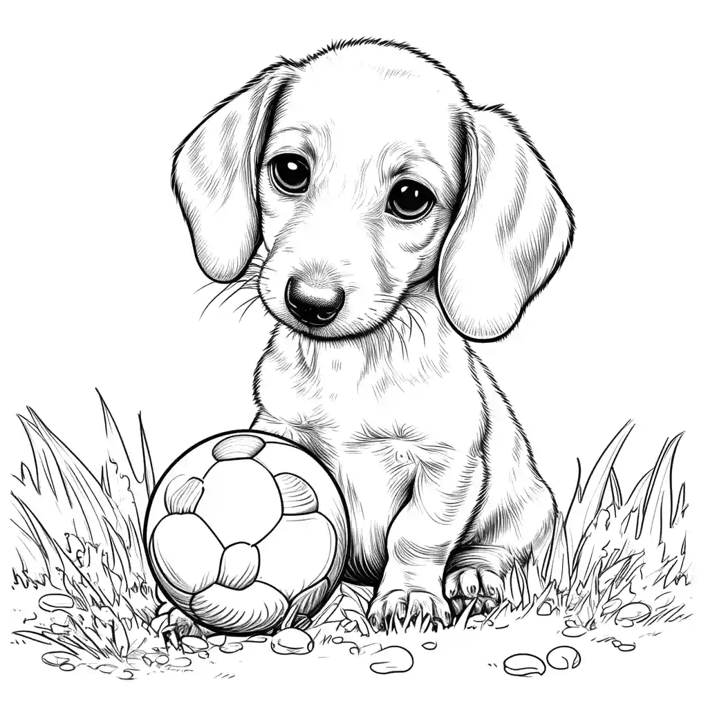 Dachshund puppy playing with a ball in a colorful garden coloring page