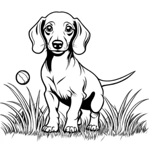 Dachshund puppy playing with a ball in a grass field coloring page