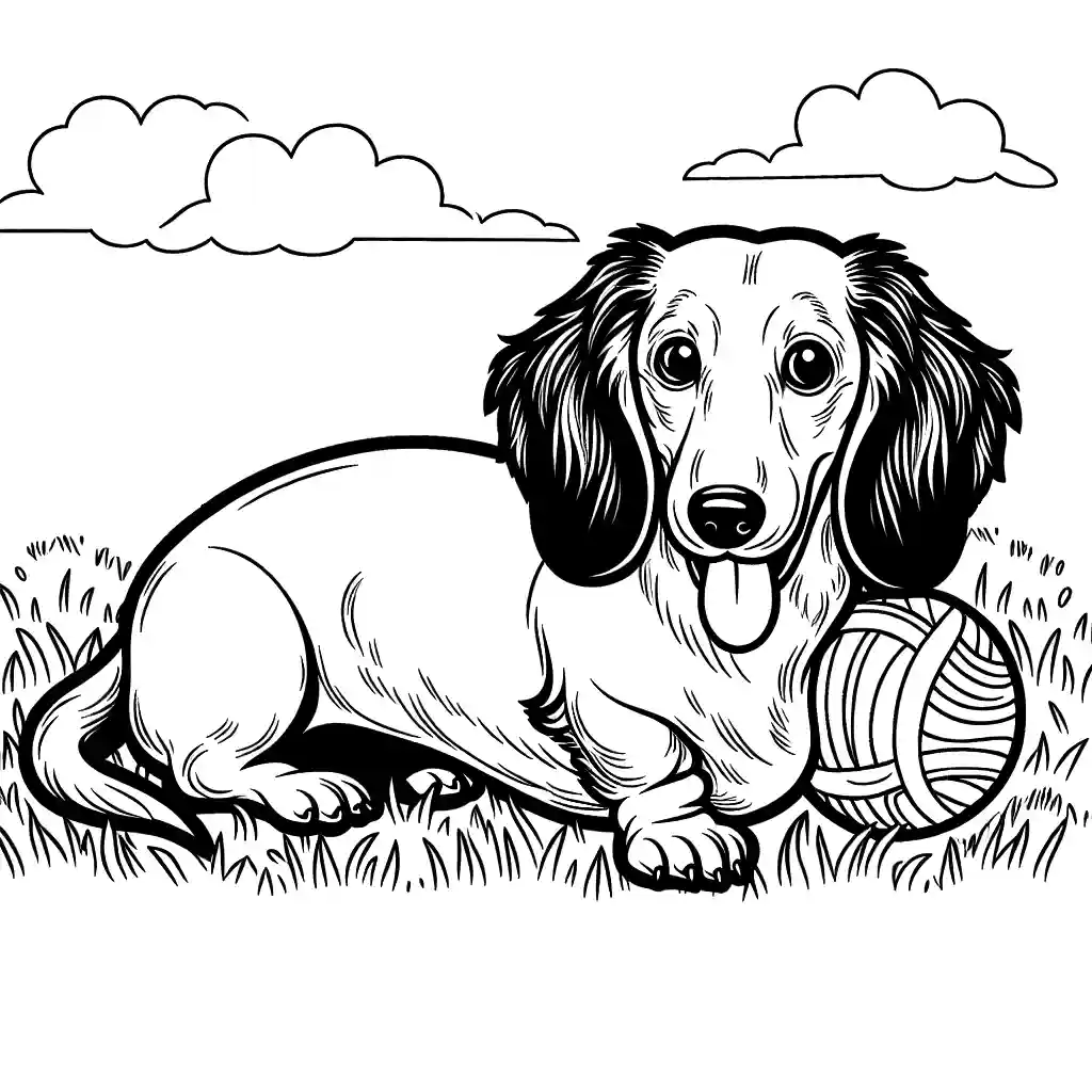 Dachshund dog sitting on grass with a ball in its mouth, line drawing coloring page