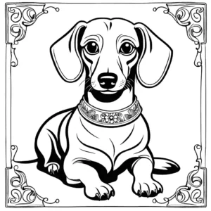 Dachshund dog sitting on a comfortable pillow with a stylish collar coloring page