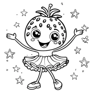 Coloring page of a funny strawberry dancing in a tutu with a joyful face and music notes in the background coloring page