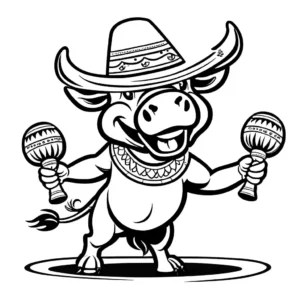 Merry water buffalo dancing with maracas, wearing a sombrero in a festive cartoon scene. coloring page