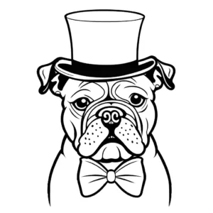 Bulldog wearing top hat, bowtie, and monocle coloring page