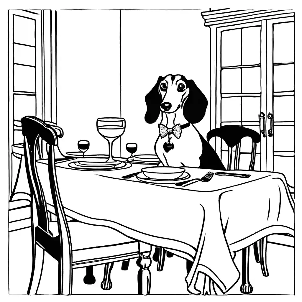 Dachshund dog looking smart in a bowtie while seated at a dining table coloring page