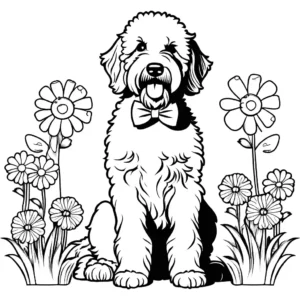 Goldendoodle with a bow tie sitting in a park surrounded by flowers, a charming coloring page