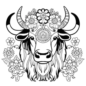 Coloring page of a decorative yak with flowers and intricate patterns coloring page