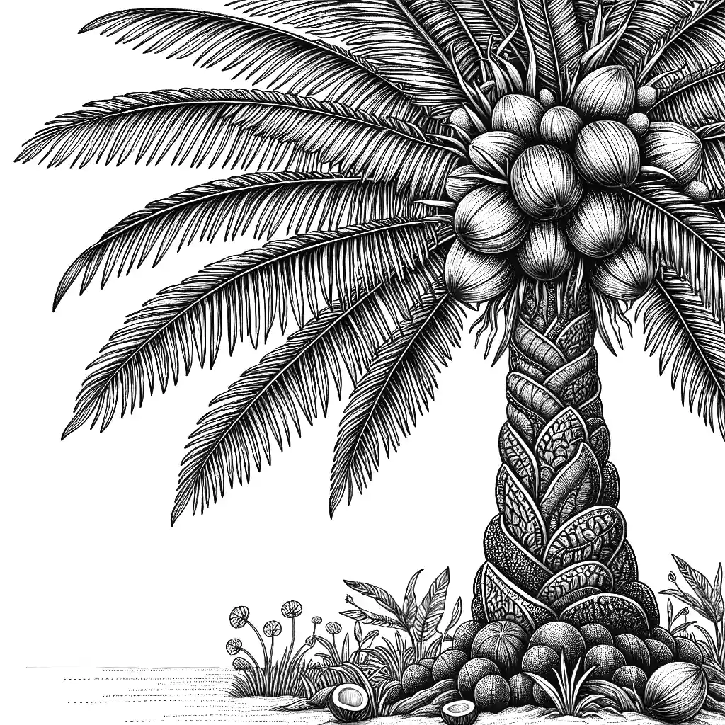 Coconut Tree outline coloring page with coconuts, leaves, and textured trunk coloring page