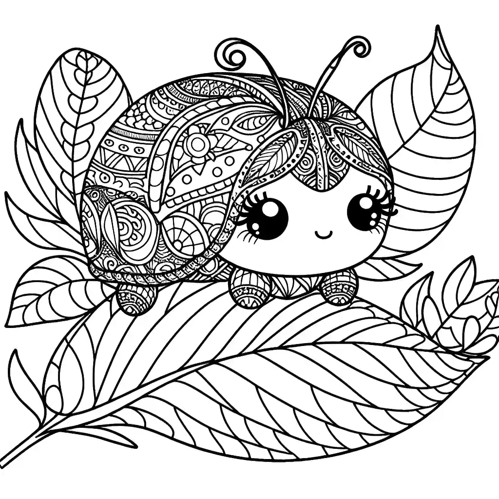 Intricate ladybug line drawing on a leaf coloring page
