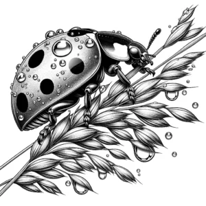 Detailed illustration of a ladybug climbing on a blade of grass in a coloring page
