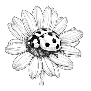 Ladybug crawling on a daisy flower black and white drawing coloring page