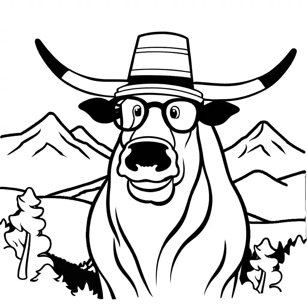 Funny Yak coloring page with oversized glasses and a hat, standing in front of mountains. coloring page