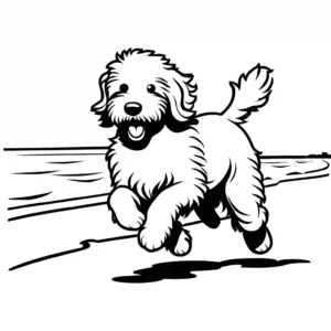 Fluffy Goldendoodle running on a beach with a frisbee in its mouth, a fun coloring option coloring page