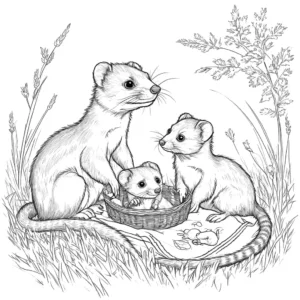 Weasel family having a picnic in the meadow coloring page