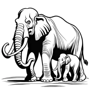Line art of a family of mammoths with baby playing coloring page