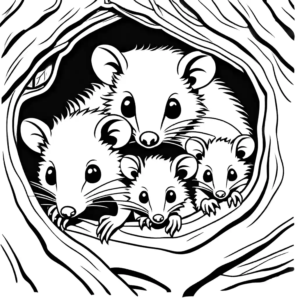 Cute opossum family peeking out of a hollow tree trunk on coloring page