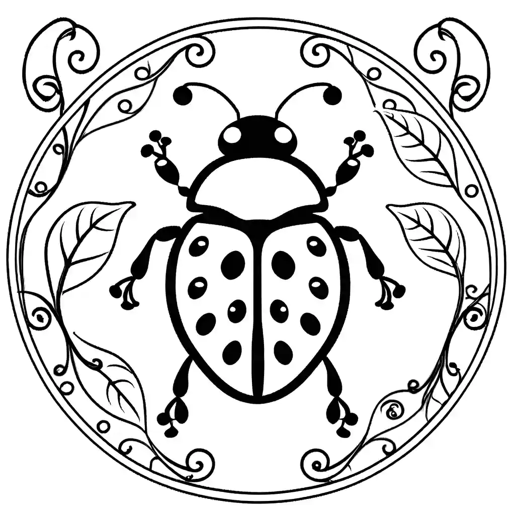 Artistic depiction of a red and black ladybug surrounded by swirling green vines and leaves coloring page