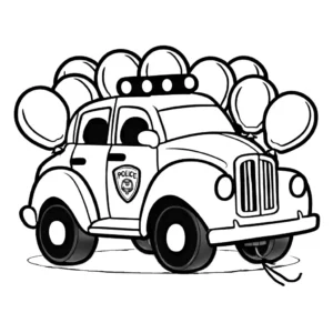 Festive police car coloring page with balloons tied to the back coloring page
