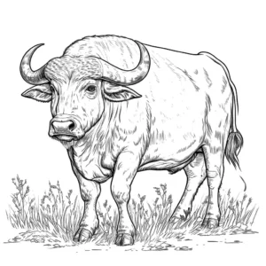 Coloring page of a Water Buffalo standing in a field with clear outlines and large areas for easy coloring. coloring page