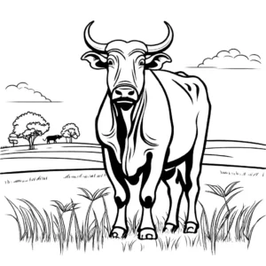 Simple line drawing of a water buffalo standing in a field, perfect for coloring. coloring page