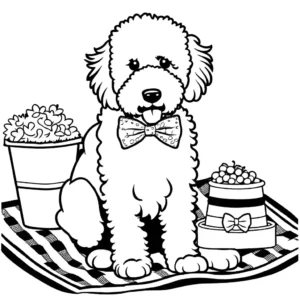 Fluffy Goldendoodle wearing a bowtie sitting on a picnic blanket coloring page