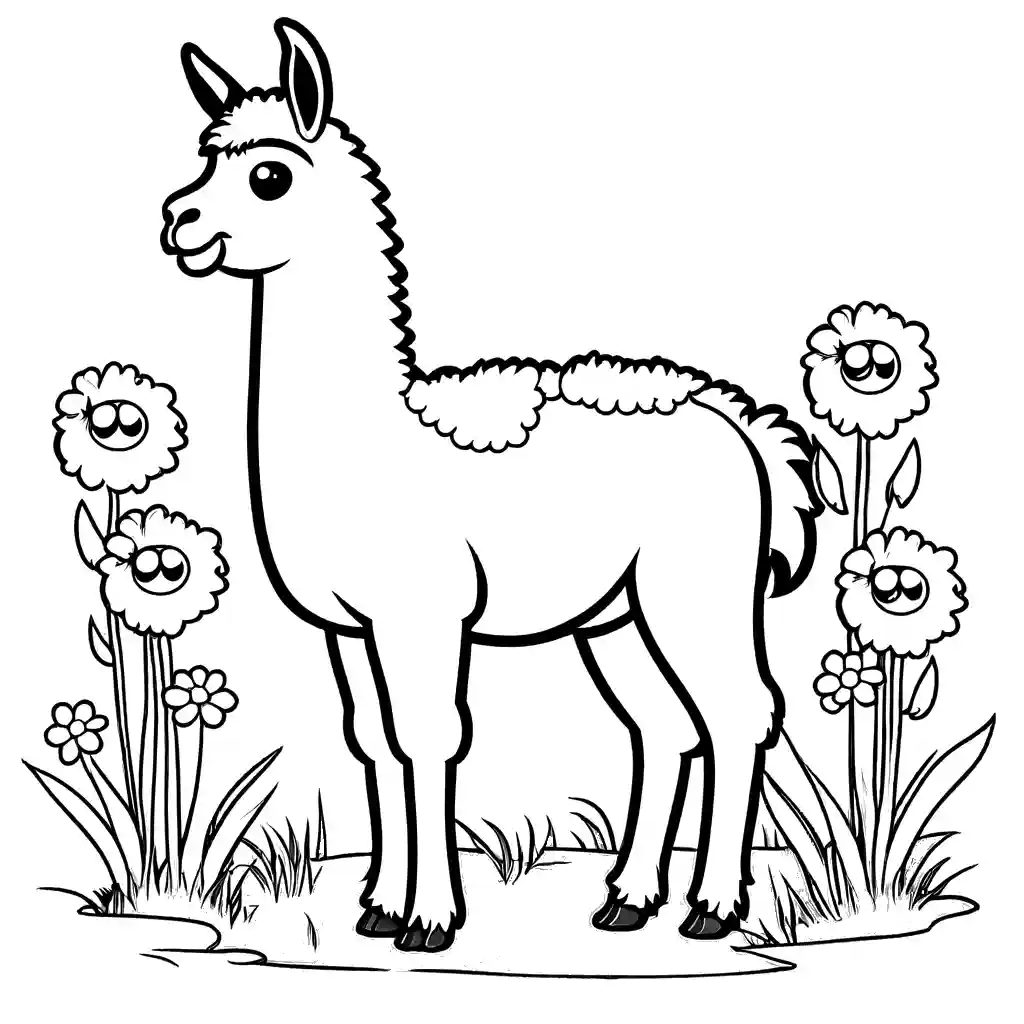 Fluffy llama with long eyelashes stands in a meadow surrounded by flowers coloring page