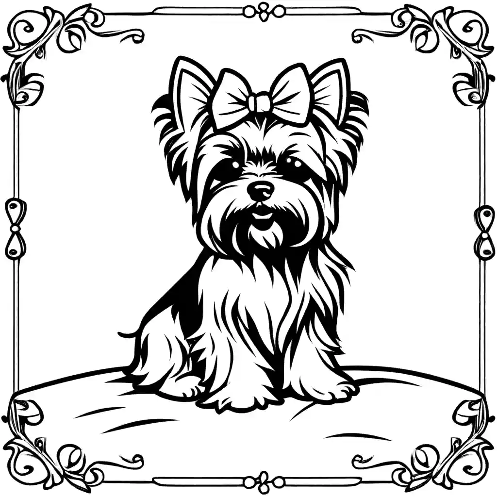 Fluffy Yorkie sitting on a cushion with a bow on its head coloring page